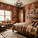 Red canyon wallpaper depicting cliff rock formations with vintage travel posters, surrounding a rustic bedroom setting.
