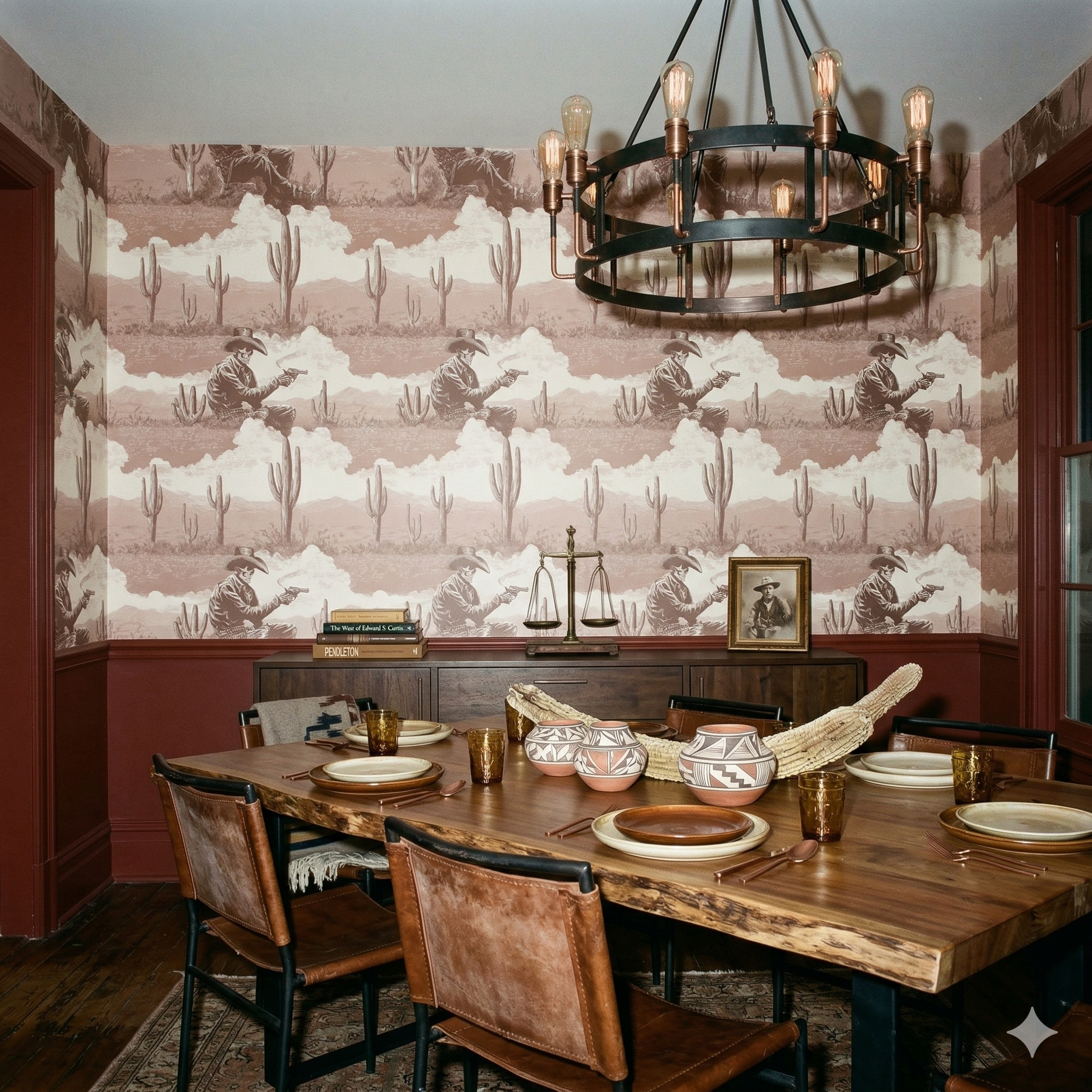 Sepia outlaw vista wallpaper with a cowboy and cactus pattern, decorating a dining room with furniture and accessories.