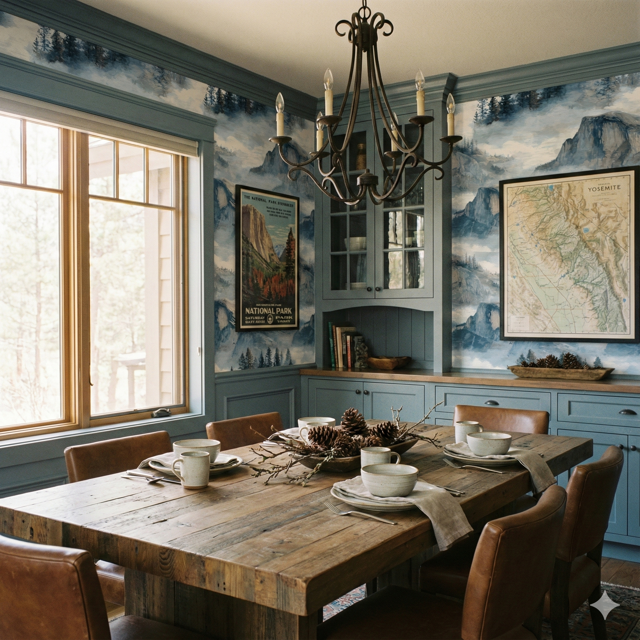 Yosemite Veil wallpaper with mountain pattern, styled in a dining room setting.
