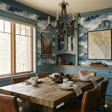 Yosemite Veil wallpaper with mountain pattern, styled in a dining room setting.
