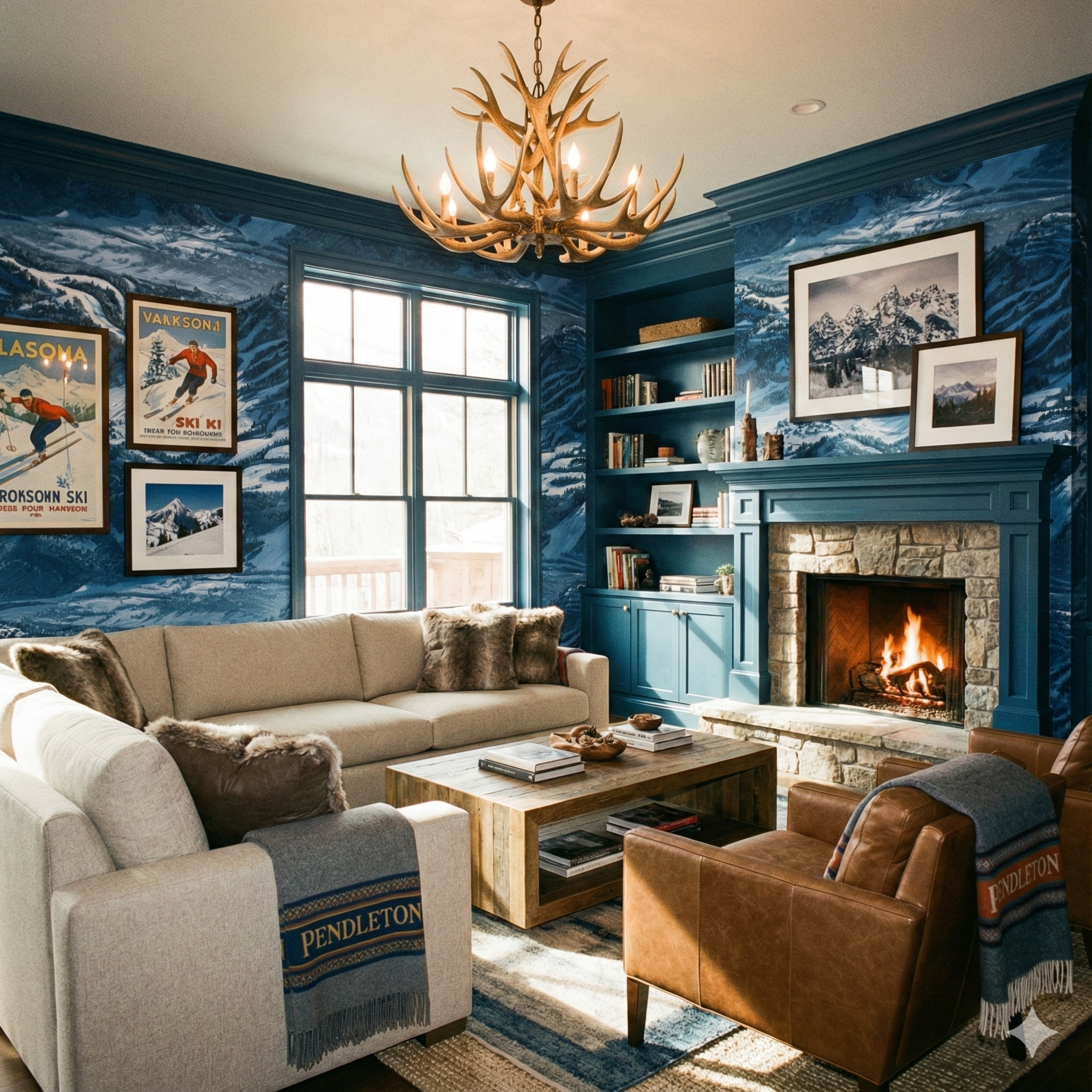 Blue mountain landscape wallpaper with a snowy motif, featuring a painted style.