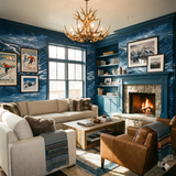 Blue mountain landscape wallpaper with a snowy motif, featuring a painted style.