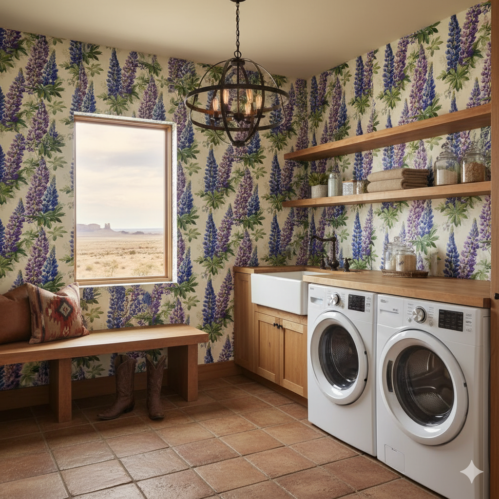 Lupine Reverie wallpaper with a wildflower print, displayed in a laundry room with rustic-style shelves and decor.
