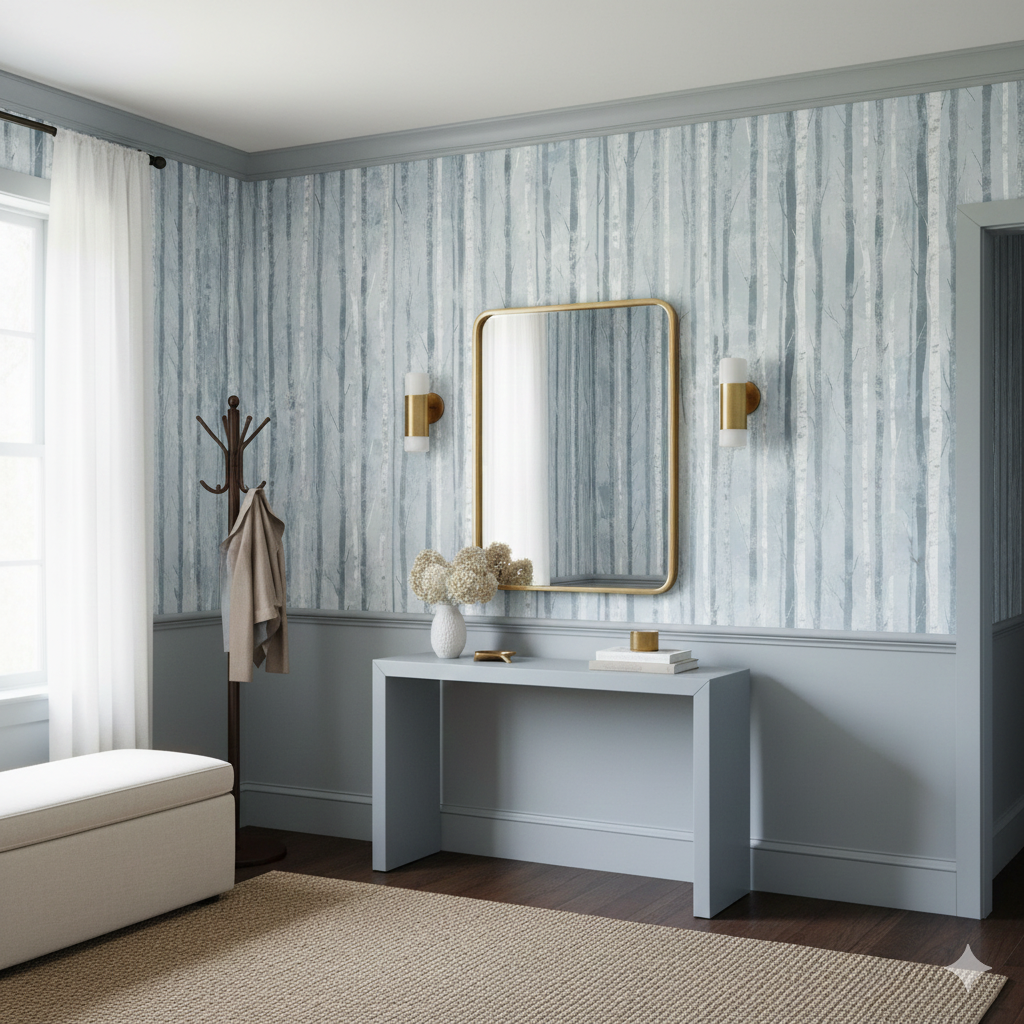 Blue and white tree-patterned wallpaper with vertical design and neutral accents.