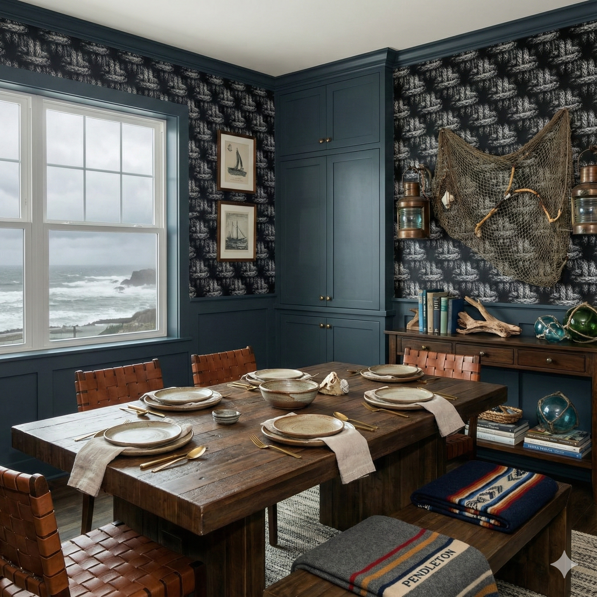 Mariner’s Knotwork Wallpaper featuring a nautical pattern, adding a textural and thematic element to the room.
