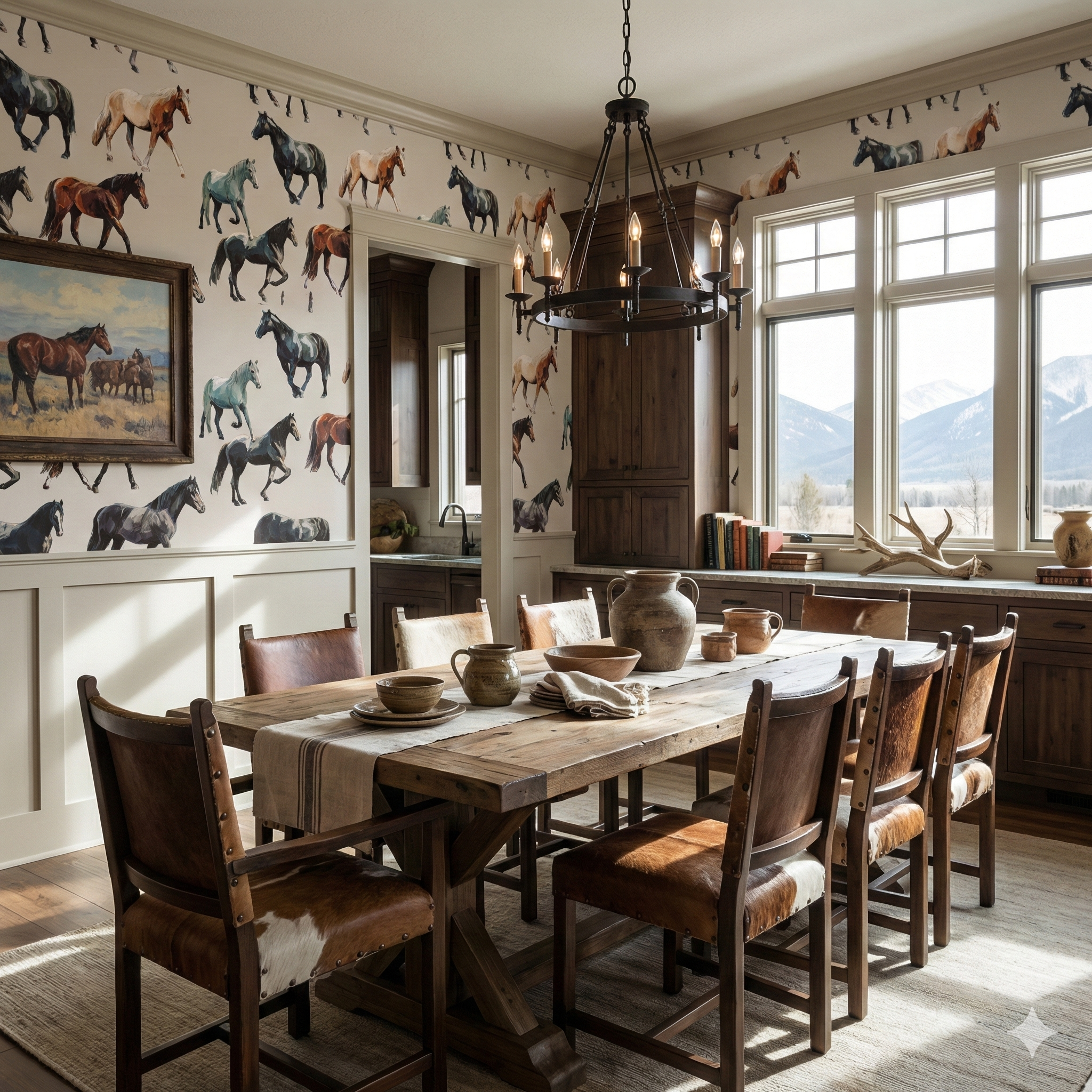 Painted herd wallpaper with horse motifs covering the walls in a dining room.