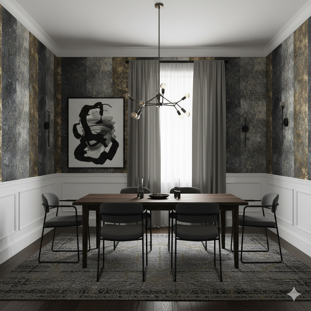 Gray and gold Valenforge Wallpaper with abstract pattern, decorating a dining room wall.