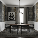 Gray and gold Valenforge Wallpaper with abstract pattern, decorating a dining room wall.
