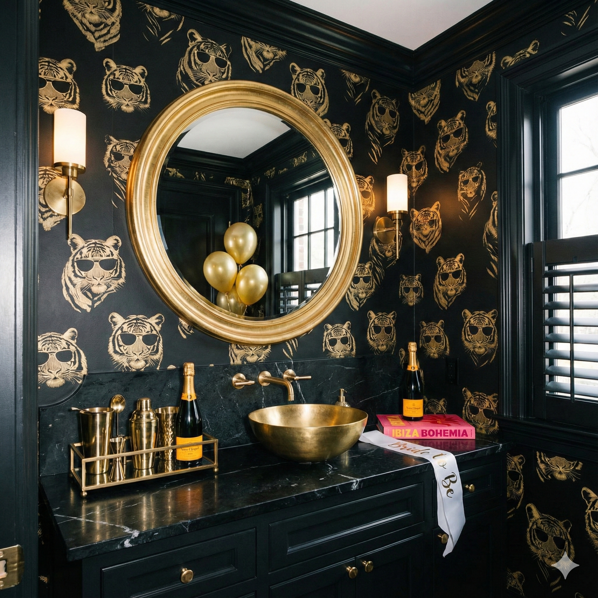 Black and gold Nightfall Maharaja Wallpaper with tiger pattern, covering a bathroom with gold fixtures.
