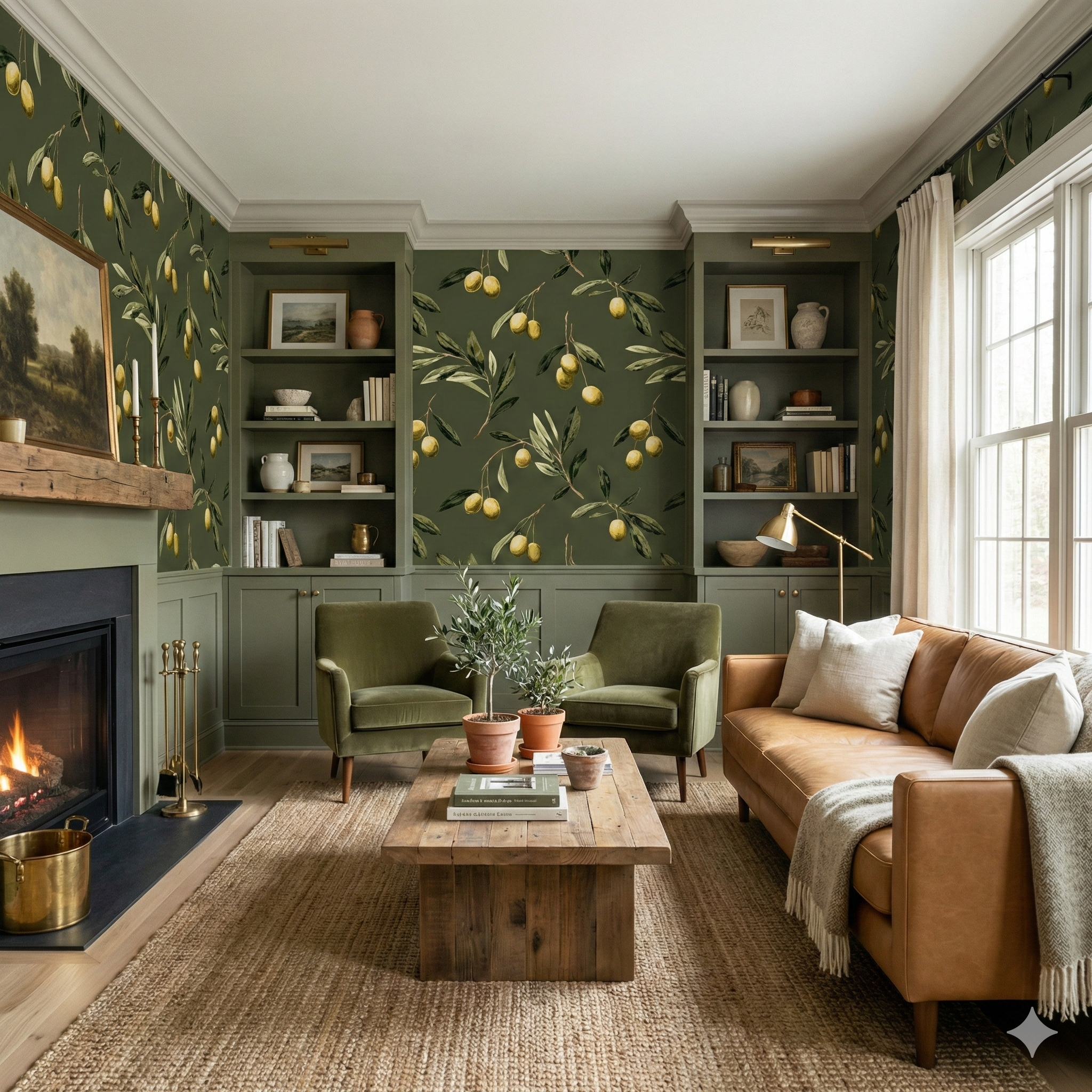 Valdora Grove Wallpaper with olive branch pattern, styled in a living room with natural light.
