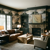 Sierra Etchings wallpaper featuring a mountain landscape, paired with dark green trim and stone fireplace.
