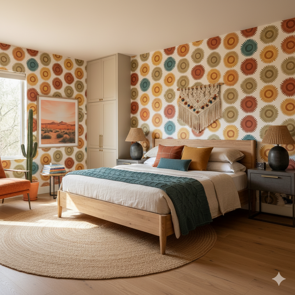 Sol de Cusco Wallpaper with colorful floral pattern covering an entire bedroom wall.