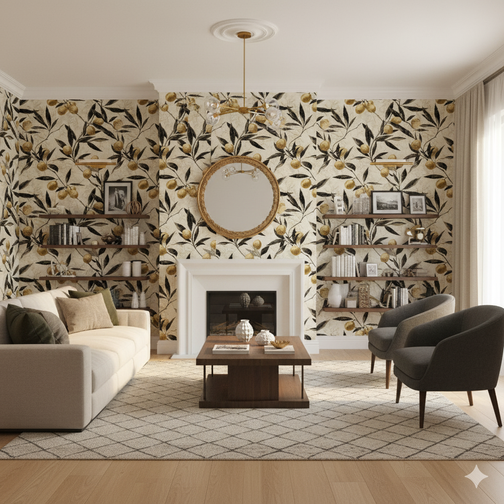 Golden Citra Wallpaper with orange citrus fruit and leaf pattern on cream background.