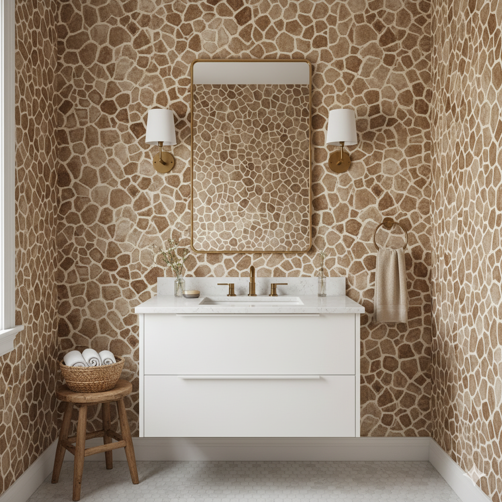 Kora Hide Wallpaper with giraffe-like pattern, showcased in a bathroom setting.
