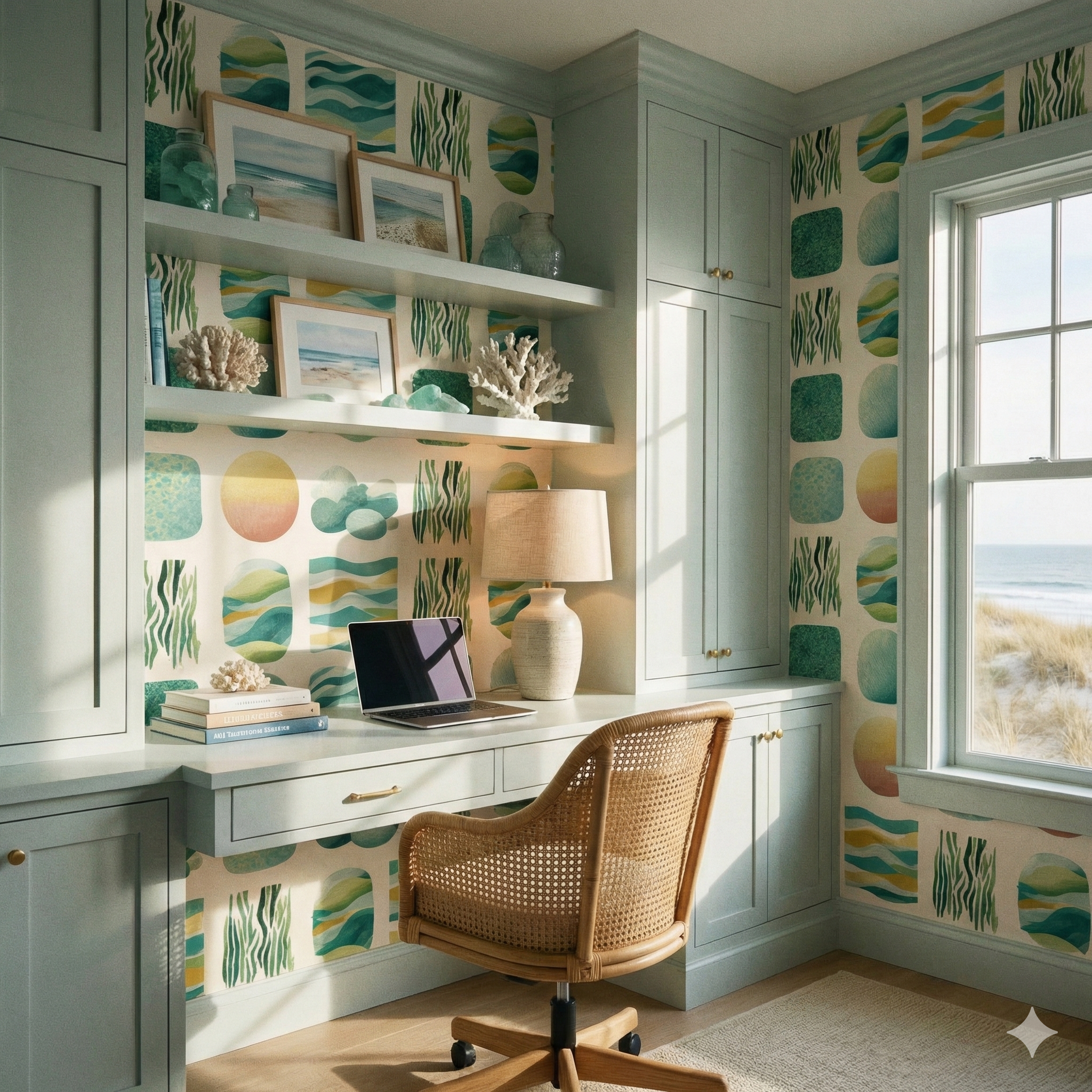 Tidal Array wallpaper with beachy wave and abstract geometric patterns on the wall.