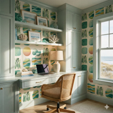 Tidal Array wallpaper with beachy wave and abstract geometric patterns on the wall.