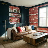 Capitol Canopy Wallpaper with red and white pattern, depicting urban landmarks and trees on a wall.
