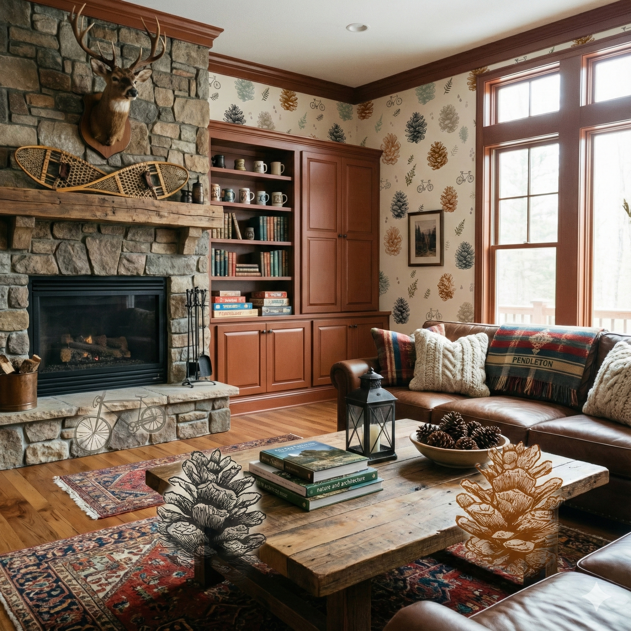 Pinewood Vagabond Wallpaper with pine cones and bicycles, covering an accent wall in a traditionally styled living room.