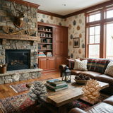 Pinewood Vagabond Wallpaper with pine cones and bicycles, covering an accent wall in a traditionally styled living room.