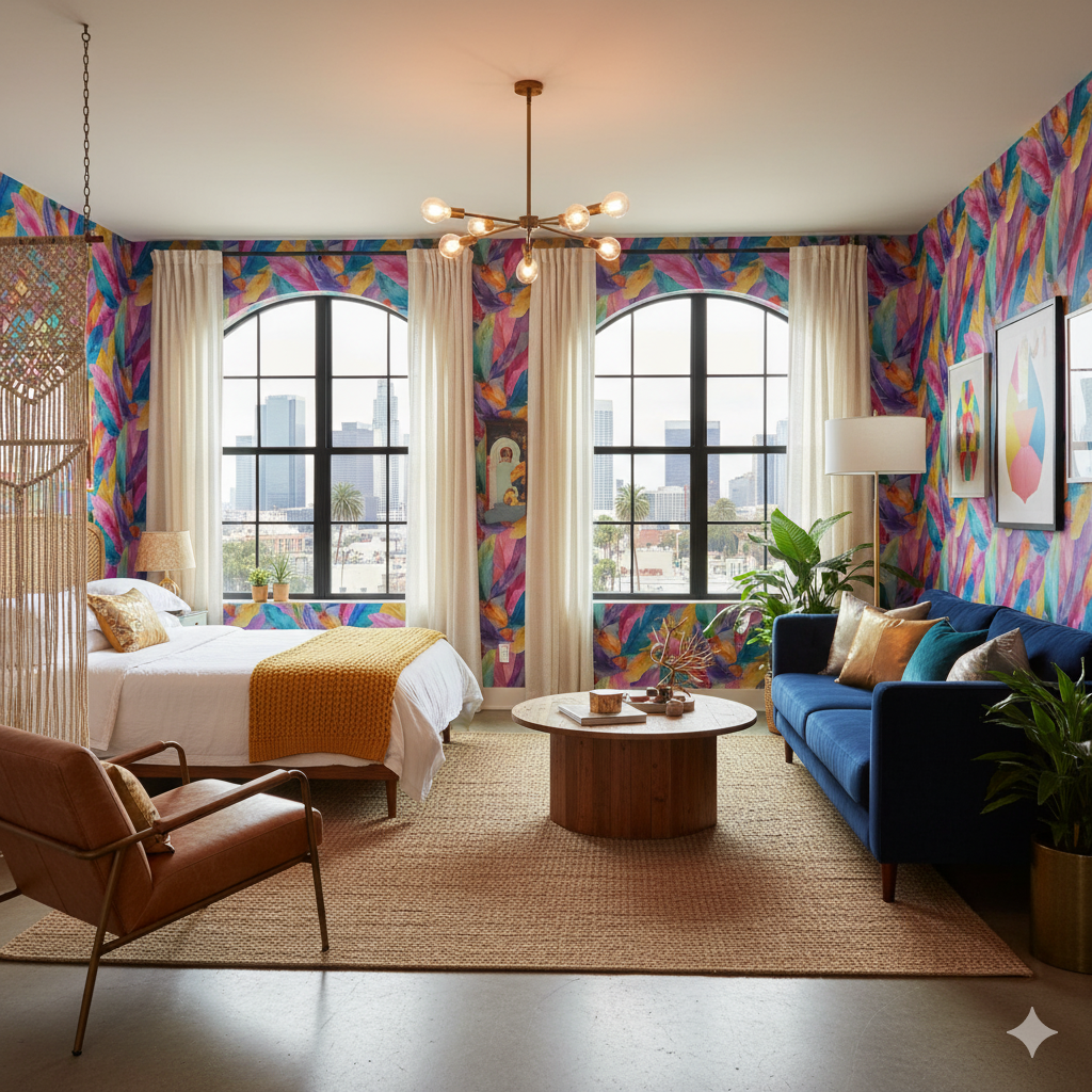 Carnival Plume Wallpaper with colorful feather pattern, covering the walls of a modern studio apartment.
