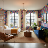 Carnival Plume Wallpaper with colorful feather pattern, covering the walls of a modern studio apartment.
