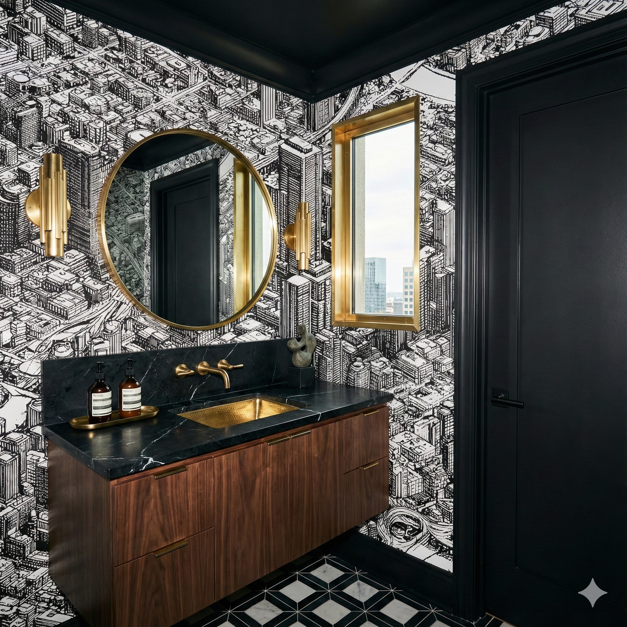 Bayou City Blueprint Wallpaper with black and white cityscape drawing, covering the walls in a bathroom with gold accents.