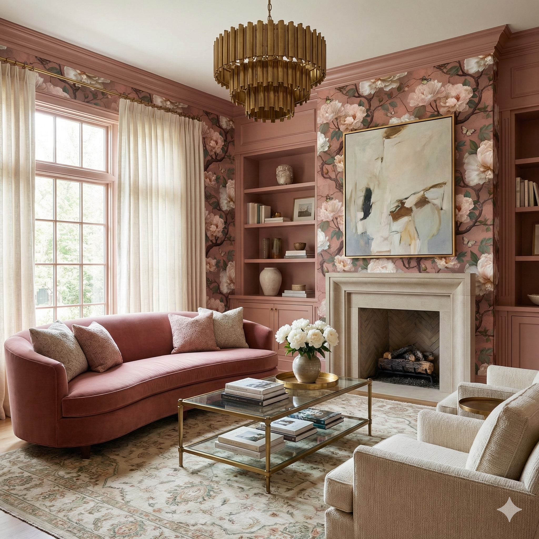 Floral peony sonata wallpaper with pink undertones, decorated with butterflies, covering a living room wall.