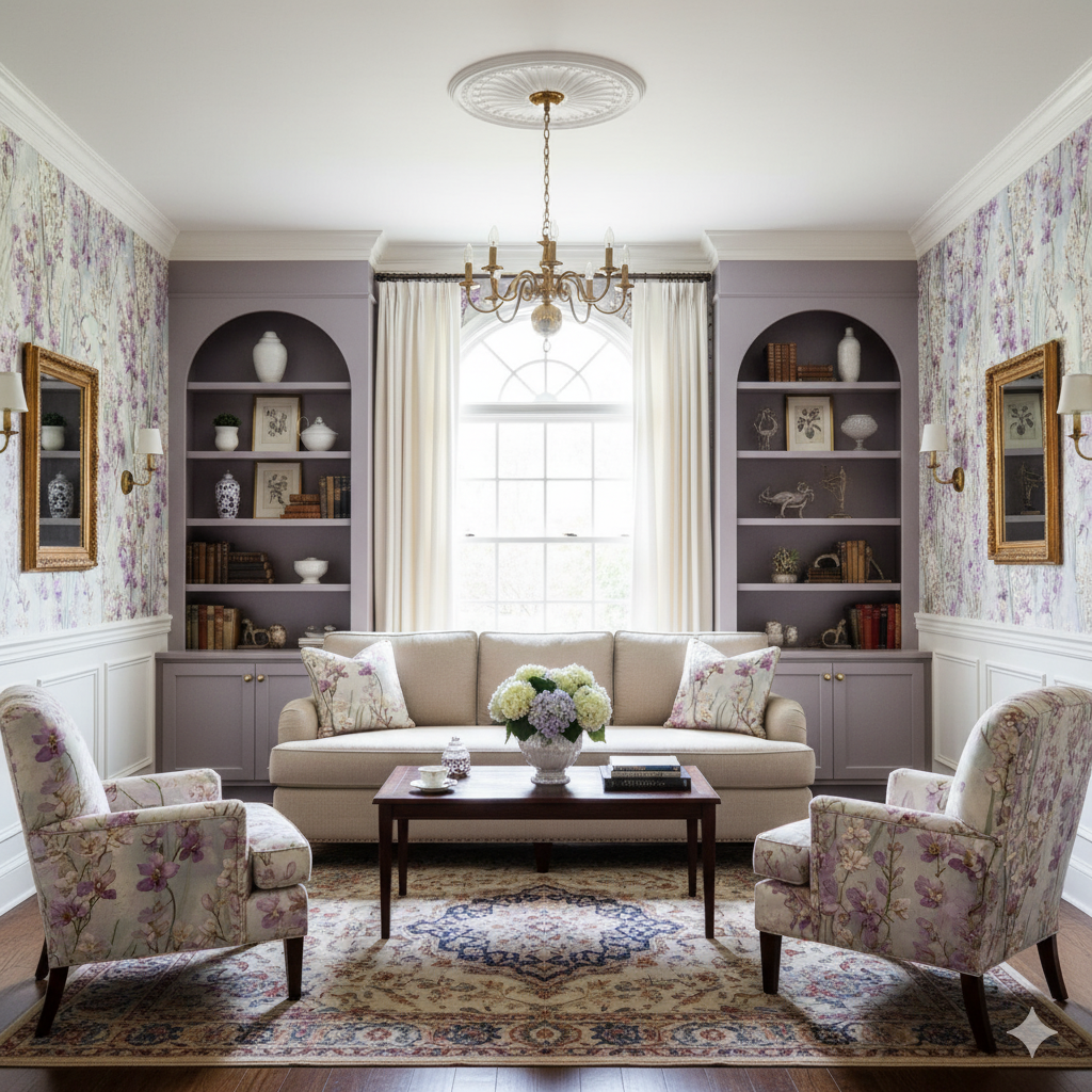 Floral print Orchidée Lune Wallpaper with purple accents, decorating a living room interior.