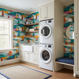 Côte Solaire Wallpaper with sailboat pattern and colorful abstract brushstrokes.

