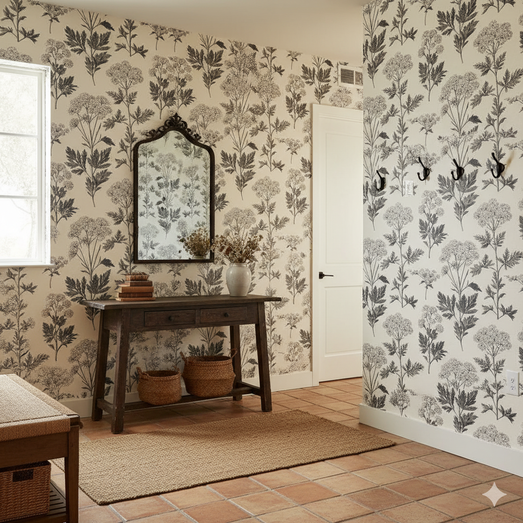 Floral pattern wallpaper by Wallshoppe, showing stylized botanical motifs in gray and white.