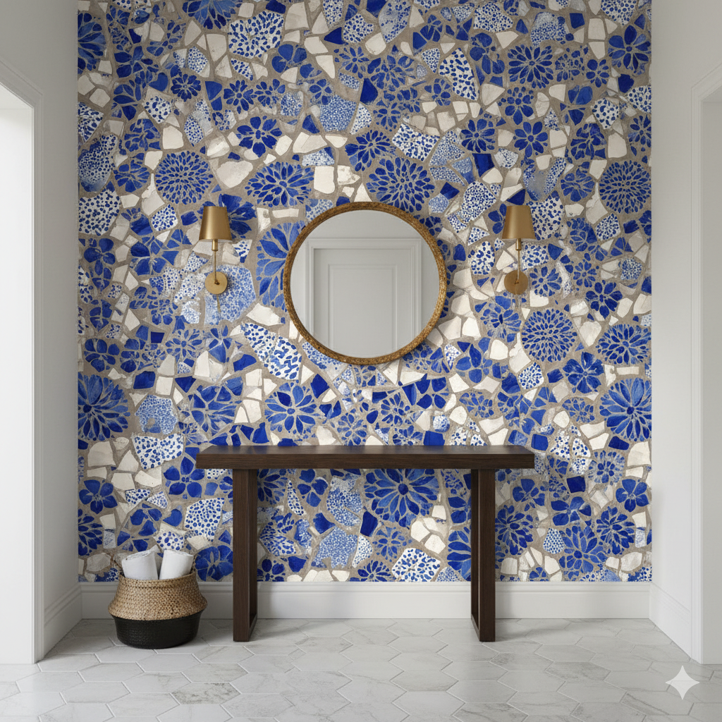 Blue mosaic wallpaper by Brewster Home Fashions featuring fragmented patterns in an interior hallway.

