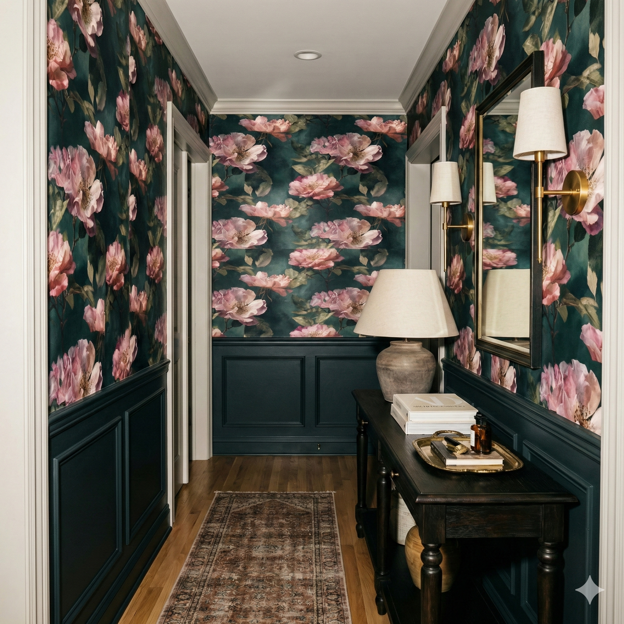 Floral Quiet Garden Wallpaper with pink flowers on a dark green background.