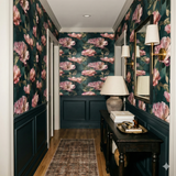 Floral Quiet Garden Wallpaper with pink flowers on a dark green background.