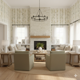 Olive Lineage Wallpaper with leafy motif, patterned throughout a traditionally styled room.

