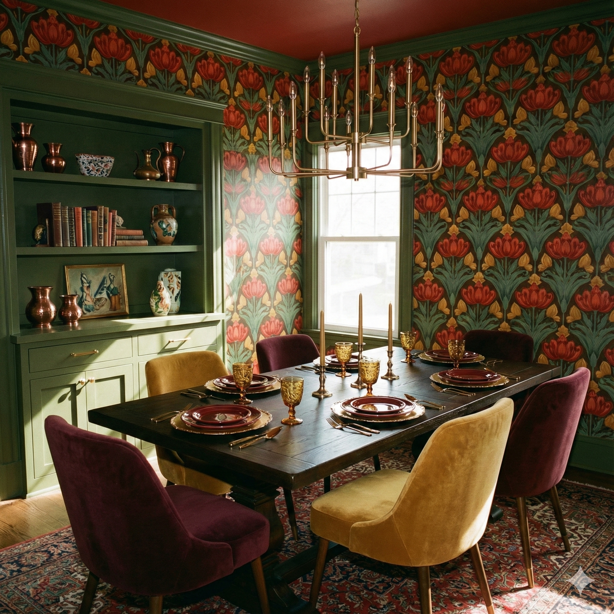 Tulip Arcade Wallpaper with floral pattern on a dark green background.
