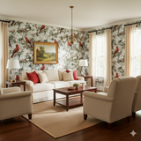 Cardinal's Rest wallpaper with red birds and floral pattern, covering the walls in a well-lit living room.
