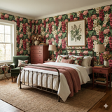 Floral Hawthorne Pavilions wallpaper with white trim, accented by a bronze framed botanical art piece.