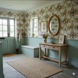 Floral Jardin du Ciel Wallpaper featuring roses by Sanderson, set on damask wallpaper and a light blue wainscot.