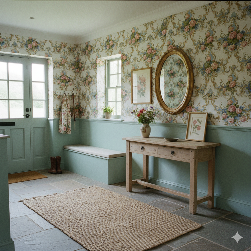 Floral Song of the Willow Wallpaper with rose and blue detailing, covering a light green hallway.
