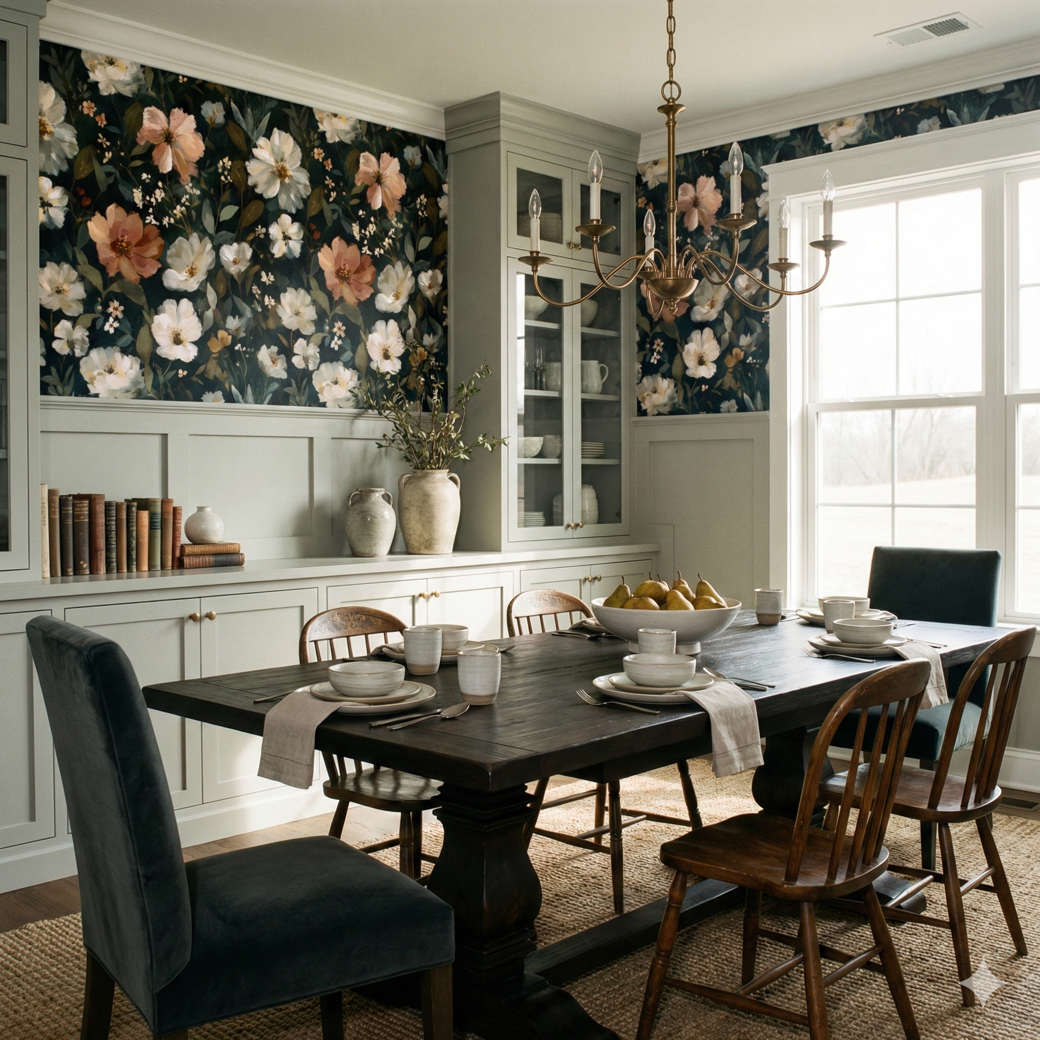 Floral print wallpaper with a dark background, featuring peach and white blooms.