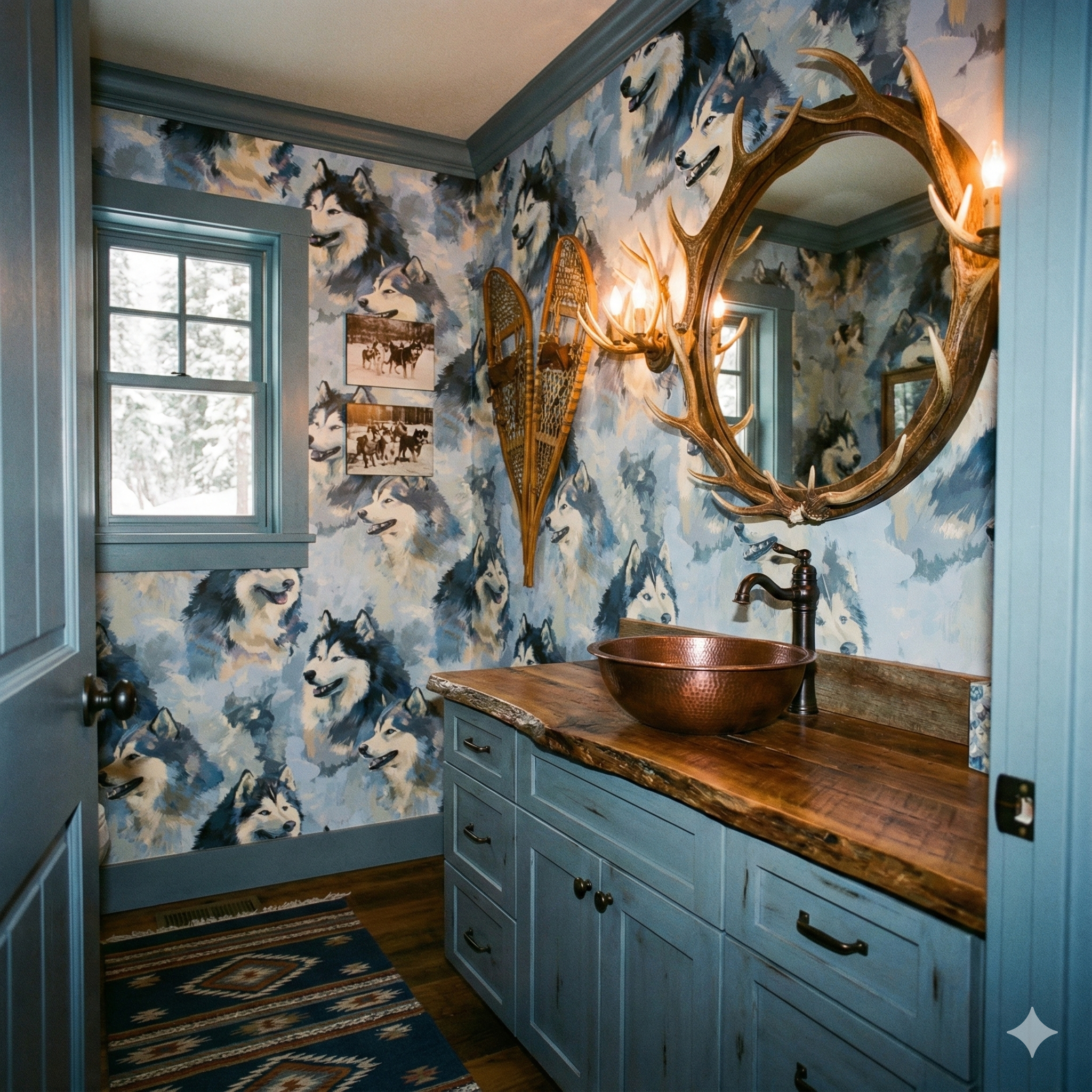 Frostveil Summit wallpaper with husky pattern on blue, textured background with a vintage feel.