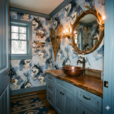 Frostveil Summit wallpaper with husky pattern on blue, textured background with a vintage feel.