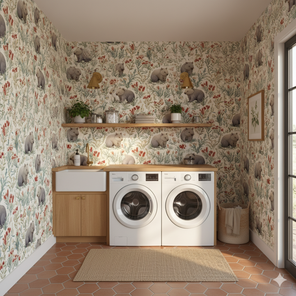 Wattle Hollow wallpaper featuring a wombat and wildflower pattern against a neutral background.