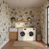Wattle Hollow wallpaper featuring a wombat and wildflower pattern against a neutral background.