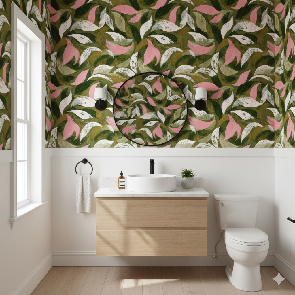 Green and pink floral patterned wallpaper with leaves and petals, complementing a modern bathroom design.
