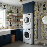 Lemondrop Pups wallpaper with dogs and lemons pattern, covering a laundry room wall.
