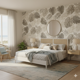 Sepia canopy wallpaper featuring a leafy tropical pattern with neutral shades and a textured effect.