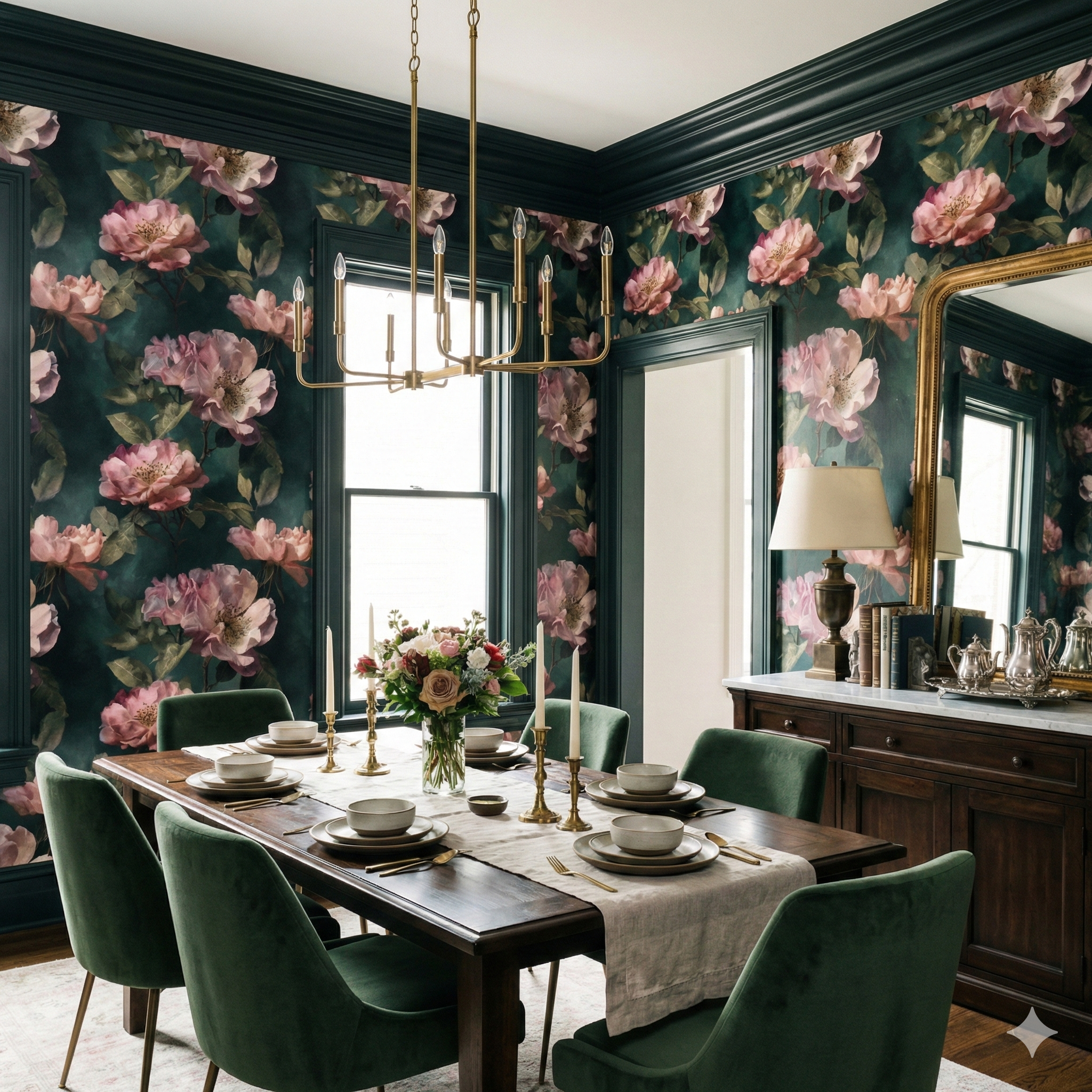 Floral wallpaper in green and pink with leafy pattern.
