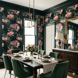 Floral wallpaper in green and pink with leafy pattern.
