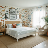 Sunchaser Frames wallpaper with sunglass pattern, covering bedroom walls with coordinating furniture and accents.